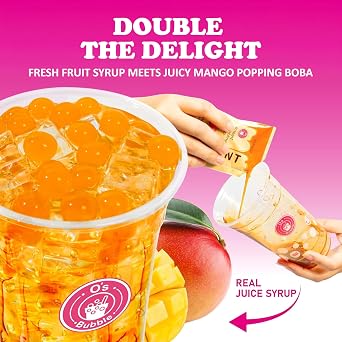 Os Bubble Peach Green Tea DIY Boba Kit, 3 Servings (Mango) | Includes 3 Peach Syrup Packs & 3 Mango Popping Boba, Make Fruity Tea at Home