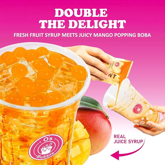 Os Bubble Peach Green Tea DIY Boba Kit, 3 Servings (Mango) | Includes 3 Peach Syrup Packs & 3 Mango Popping Boba, Make Fruity Tea at Home