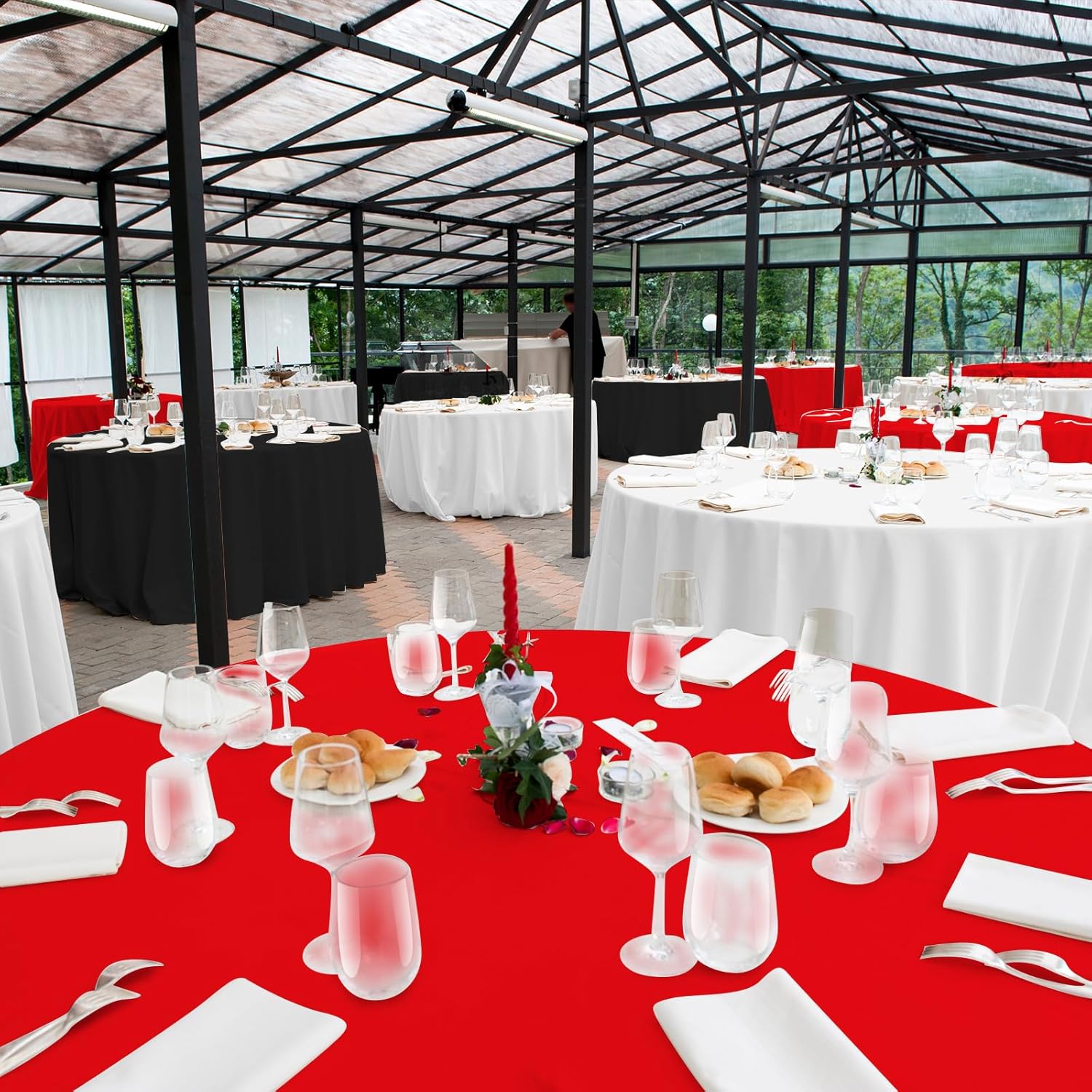 MASHAN 12 Pcs Red Black White Plastic Tablecloths Bulk,84 Inch Disposable Round Party Table Cloth Waterproof Table Cover for Birthday Wedding Anniversary Graduation Party Decorations Supplies