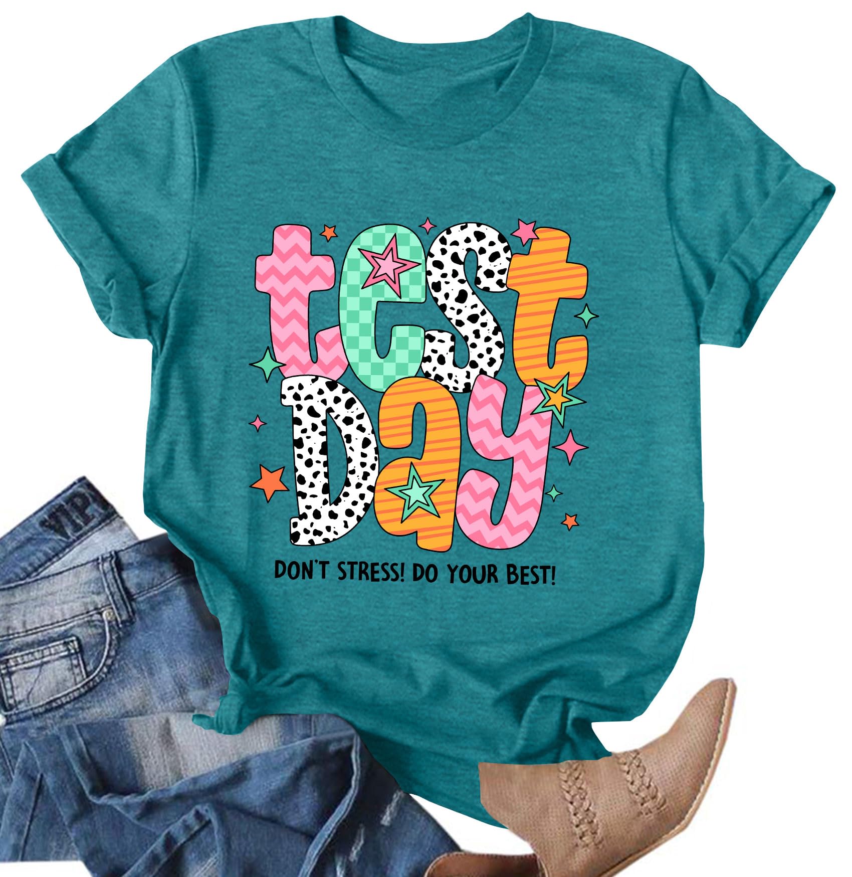 Photo 1 of Ithalt Womens Teacher Shirts Test Day Teacher Shirt Testing Graphic Tshirt Teacher Gifts Tops(Cyan1,X-Large)