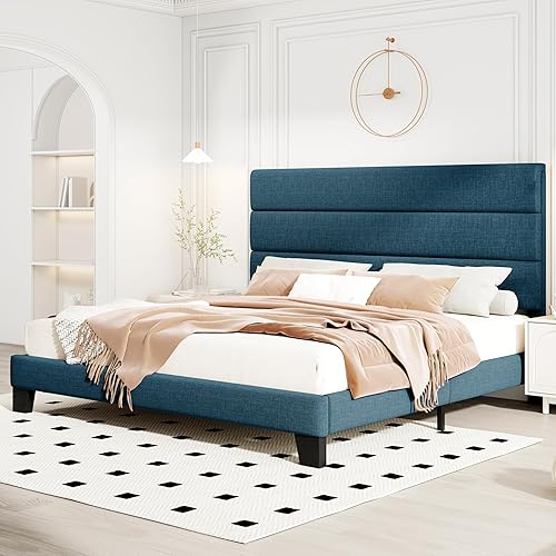 Miniatura 27 de HOOMIC Base de cama de tamaño matrimonial con cabecero, plataforma tapizada de tela con soporte de listones de madera fuerte, base de colchón, no