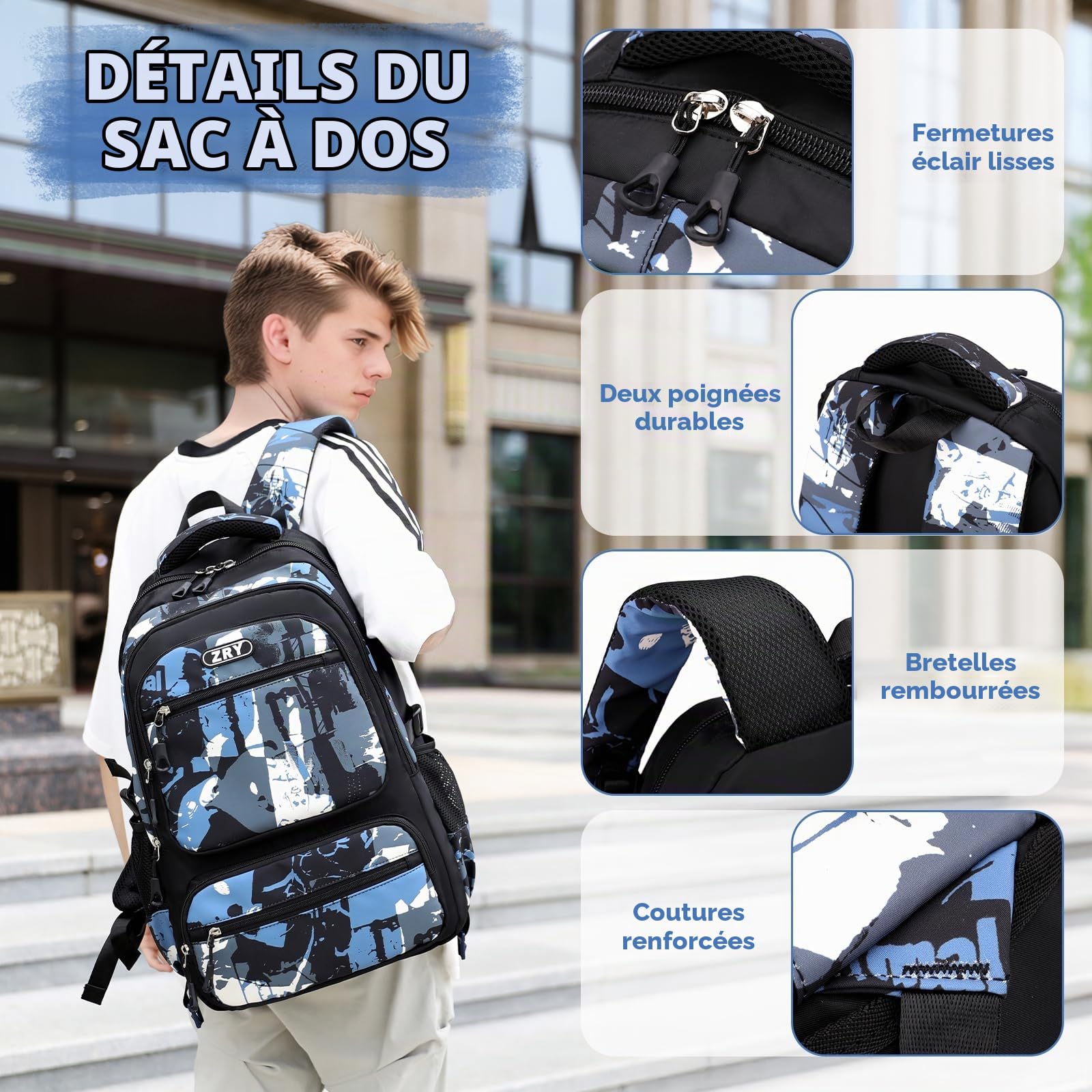 Amythe Sac à Dos pour Garçons, Cartable Primaire et Collège 40L, Sac d'École en Nylon Imperméable Léger et Spacieux pour Loisirs Voyage Scolaire, Idéal pour 10 à 22 Ans -Noir