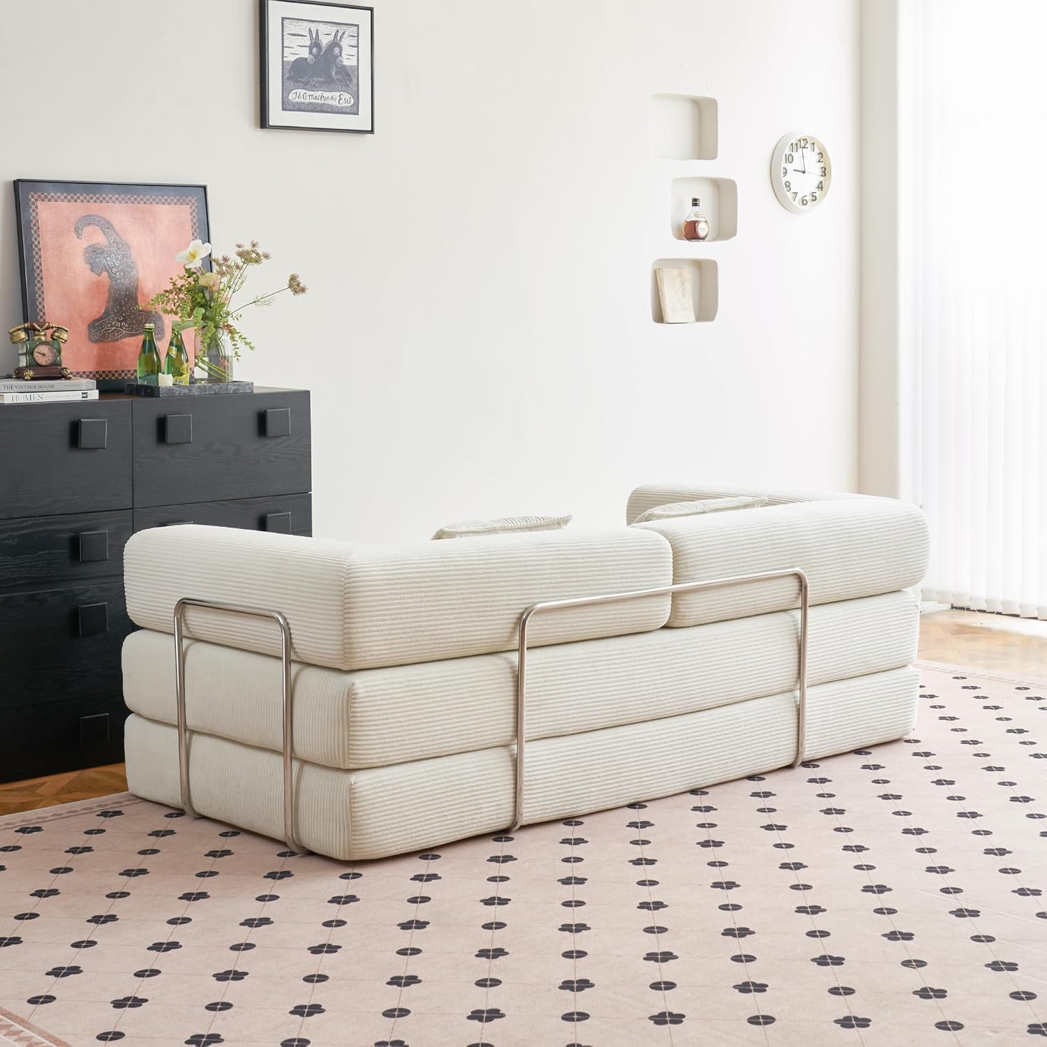 Compression Sofa - Convertible Floor Sofa Bed - with Pillow Back Support Armrest - Comfy Foldable Sofa Bed Compressed Sofa in Box - Corduroy Fabric - for Living Room Bedroom(Off White)