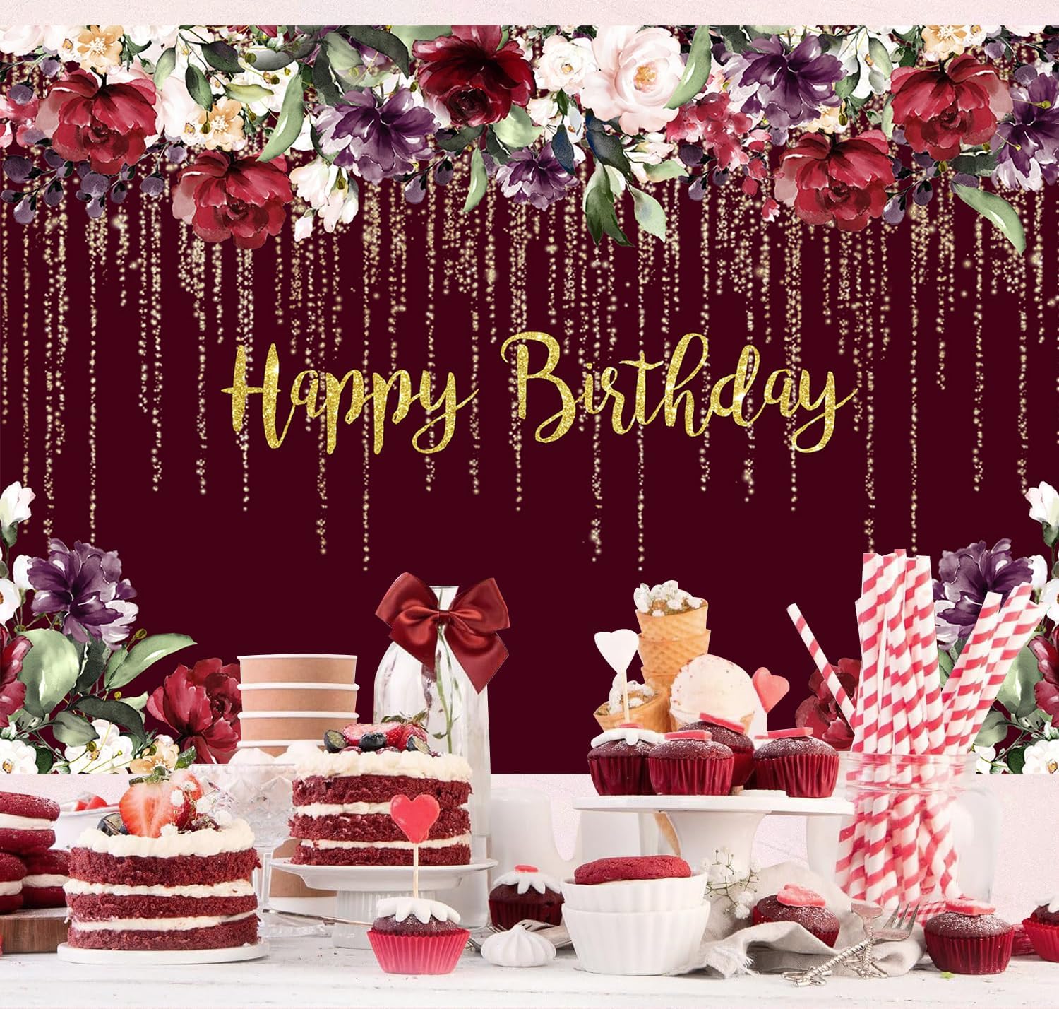 InMemory Burgundy Floral Birthday Backdrop for Women Ladies Pink Red Rose Flowers Bday Party Decorations Photography Background Glitter Golden Birthday Sign Photo Prop Banner 7x5ft image 4
