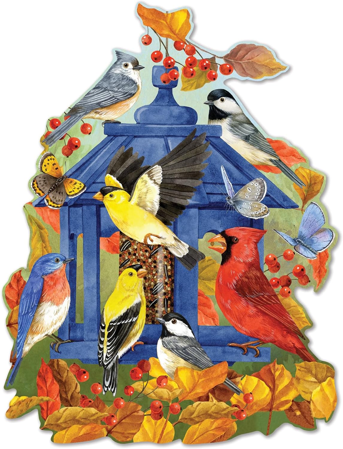 Bits and Pieces Jigsaw Puzzle for Adults – Fall Feeder by Jane Maday – Autumn Birds, Goldfinches, Chickadees, Cardinals, Butterflies, Shaped Puzzle for Family Fun (750 Piece Puzzle)