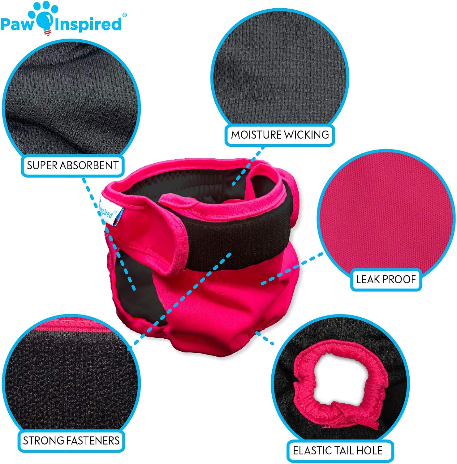 Paw Inspired Washable Dog Diapers (2 Pack) | Reusable Cloth Doggy Diapers for Female Small, Medium, Large Size Dogs (Pink and Blue Colors with Black Lining, Size Large)