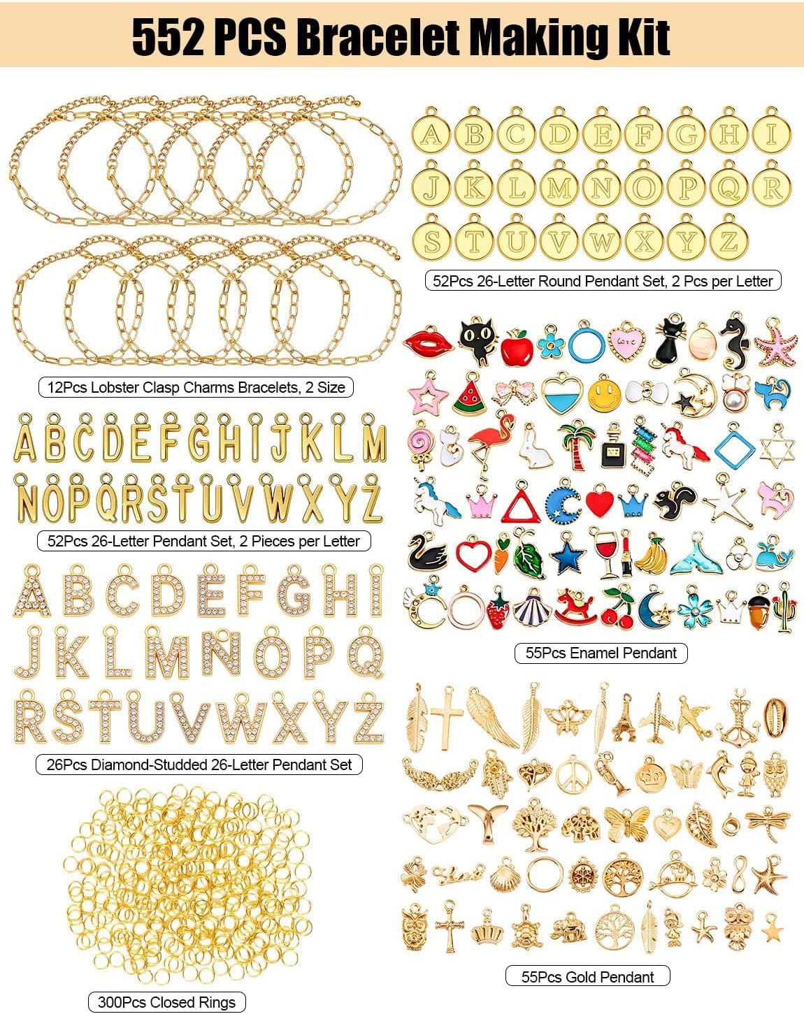 ZMLTLMG 552Pcs 12 Rolls Gold Charm Bracelet Making Kit, Premium Paperclip Chain Jewelry Making Supplies with Enamel Charms, Letter Beads & Jump Rings, DIY Crafts Gift Set for Women Girls Adults