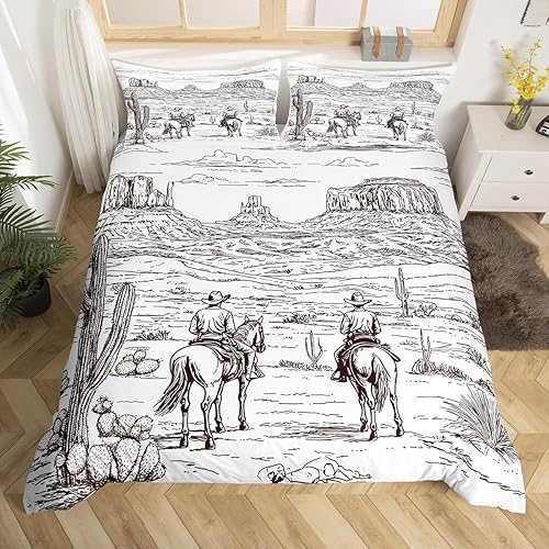 Juego de funda de edredón de vaquero, tamaño individual, desierto salvaje occidental americano, rústico, ilustración dibujada a mano, decoración de