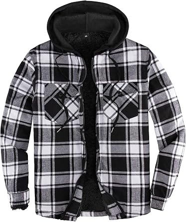 ZENTHACE Mens Sherpa Lined Flannel Shirt Jacket with Hood,Full Zip | All Sherpa Lining,Adjustable Drawstring,4 Utility Pockets,Transitional Weather Layering Coat,Outdoor Walk,Casual Dailywear