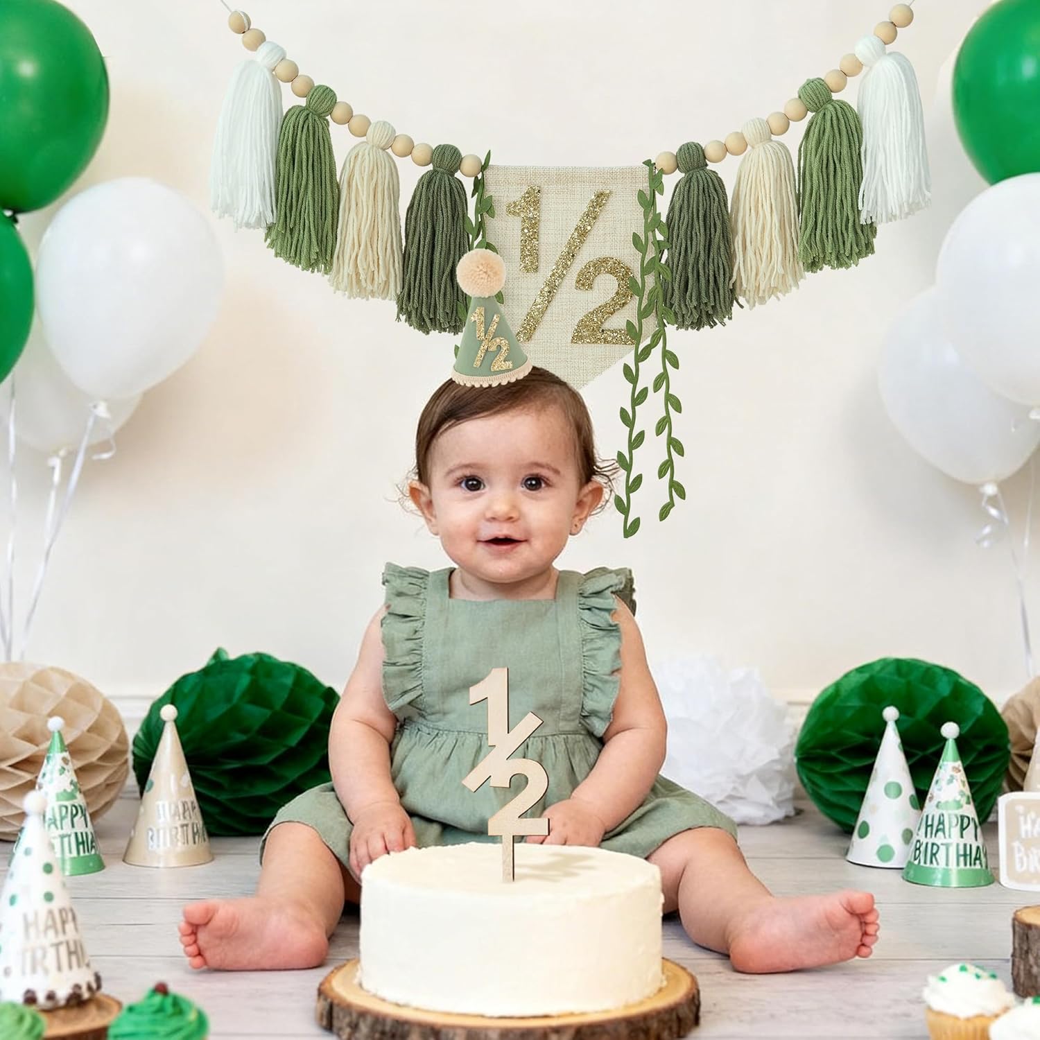 1/2 Birthday High Chair Banner For Half Way To One Party Decorations Wood Bead Tassel Garland Green Crown Hat Wooden Cake Topper Happy Half Year Party Photoshoot Props - Image 5