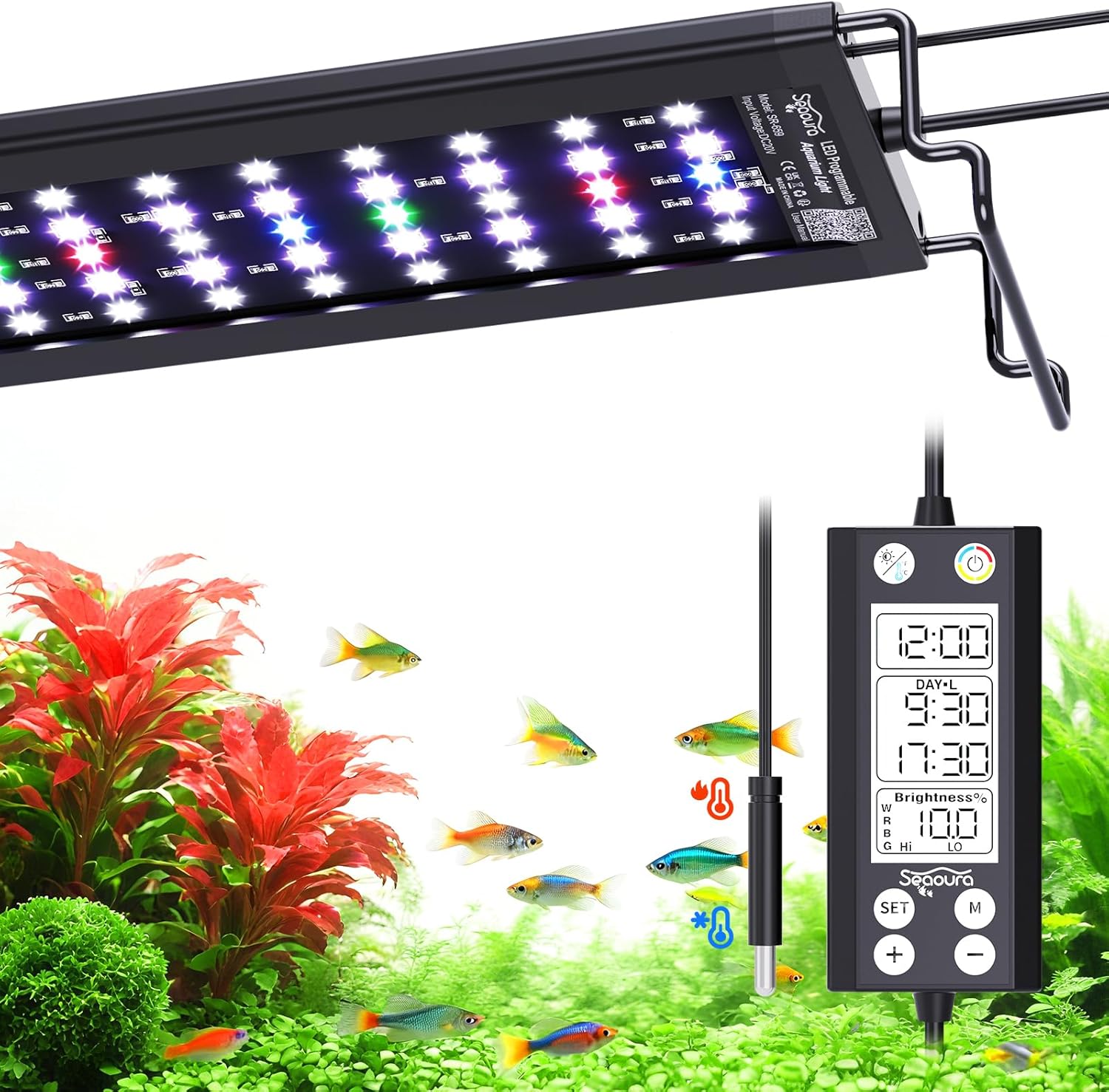 Aquarium Plant Light with Temperature Detector, 18-24in Full Spectrum Fish Tank Lights, 24/7 Programmable with Power Off Memory, WRGB Custom, 20 Level Dimmable for Freshwater Aquariums