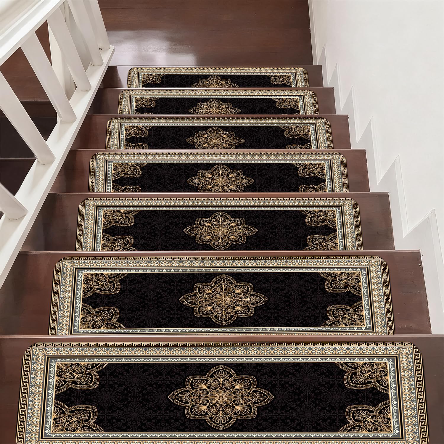 Vintage Yellow Black Flower Damask Mandala Stair Treads for Wooden Steps Non Slip Washable Carpet Stair Treads 8" x 30", Self Adhesive Indoor Stair Runners for Kids Elders and Dogs 15 Pack