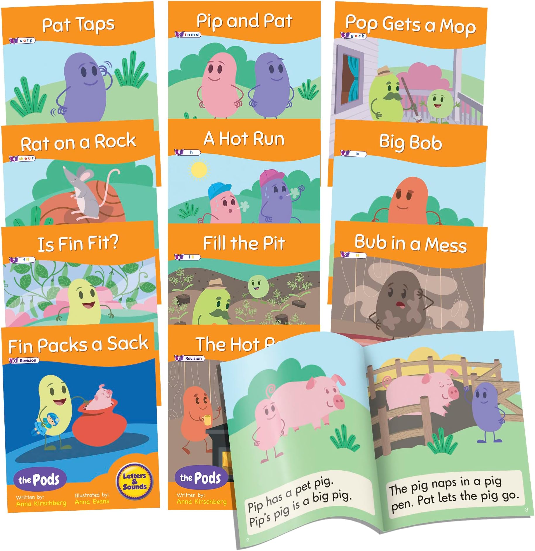 Junior Learning Decodable Readers The Pods - Phase 2 Letter Sounds: The Science of Reading, Easy decodable Texts, Beginning Readers, for Ages 5+, Grade K, 12 Books