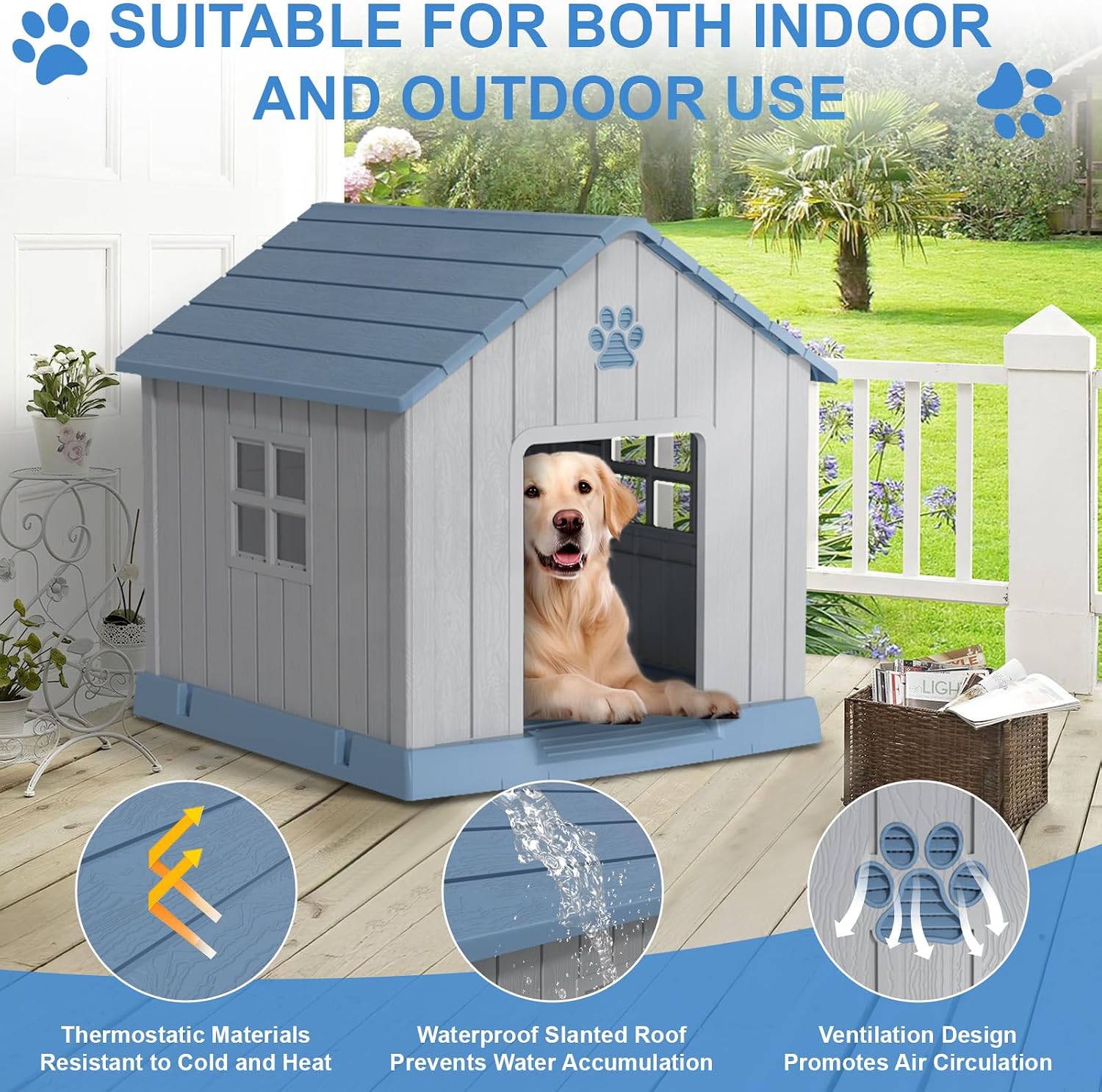 Dog House Indoor Outdoor, Resin Weatherproof Dog House for Dogs and Cats, Durable Outside Doghouse with Air Vents, Easy Clean and Assemble (Blue, 37.8 * 40.87 * 38.82 INCH)