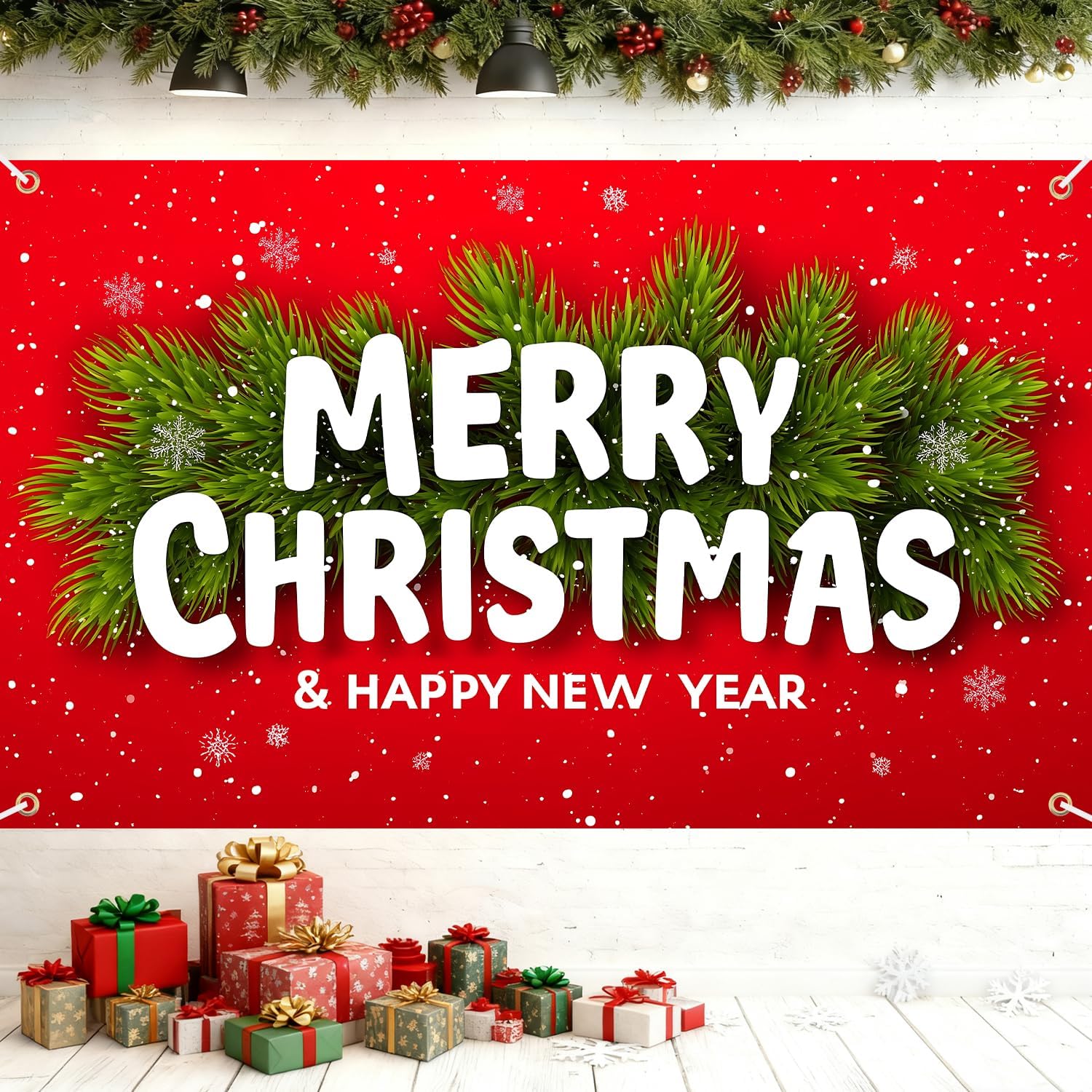 Merry Christmas Banner 71x43 Inch, Large Christmas Backdrop for Outdoor Indoor Decorations, Holiday Yard Fence Wall Banner with Snowflakes and Pine Garland