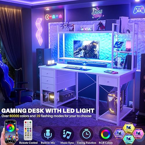 Miniatura 5 de Aheaplus Escritorio con LED y tomacorrientes, escritorio para juegos con gabinete, escritorio de computadora de 47.2 pulgadas con cajones,