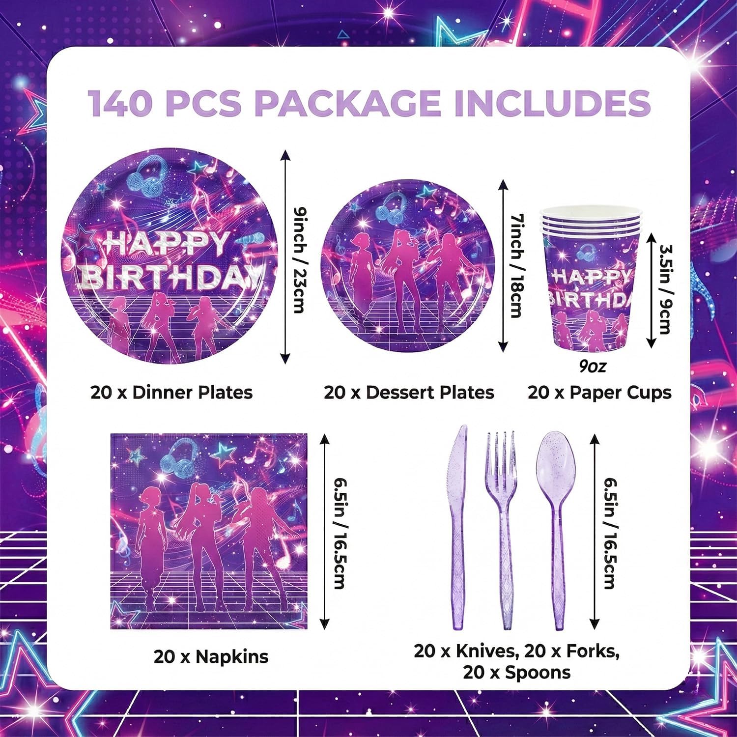 140Pcs Kpop Music Theme Birthday Party Supplies Serves 20 Guests Includes 9 and 7 Inch Plates Napkins Cups Purple Cutlery Rock Star Karaoke Decorations for Girls Teens
