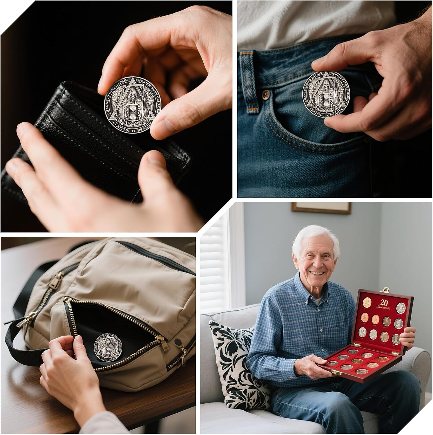 Memento Mori Challenge Coin with Serenity Prayer – Grim Reaper Sobriety Coin, Inspirational Recovery Coin with Acrylic Case, Meaningful Gift for AA Recovery, Reflection and Personal Growth, 1 Pack