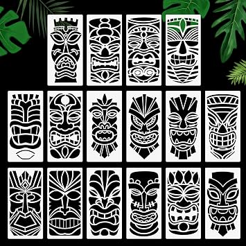 Tiki Tribe Stencils, 16 Pcs Tiki Totems Face with Open Mouth Stencils Reusable Template A4 Size for Painting on Wood Fabric Canvas Wall DIY Art Projects 6"x 12"