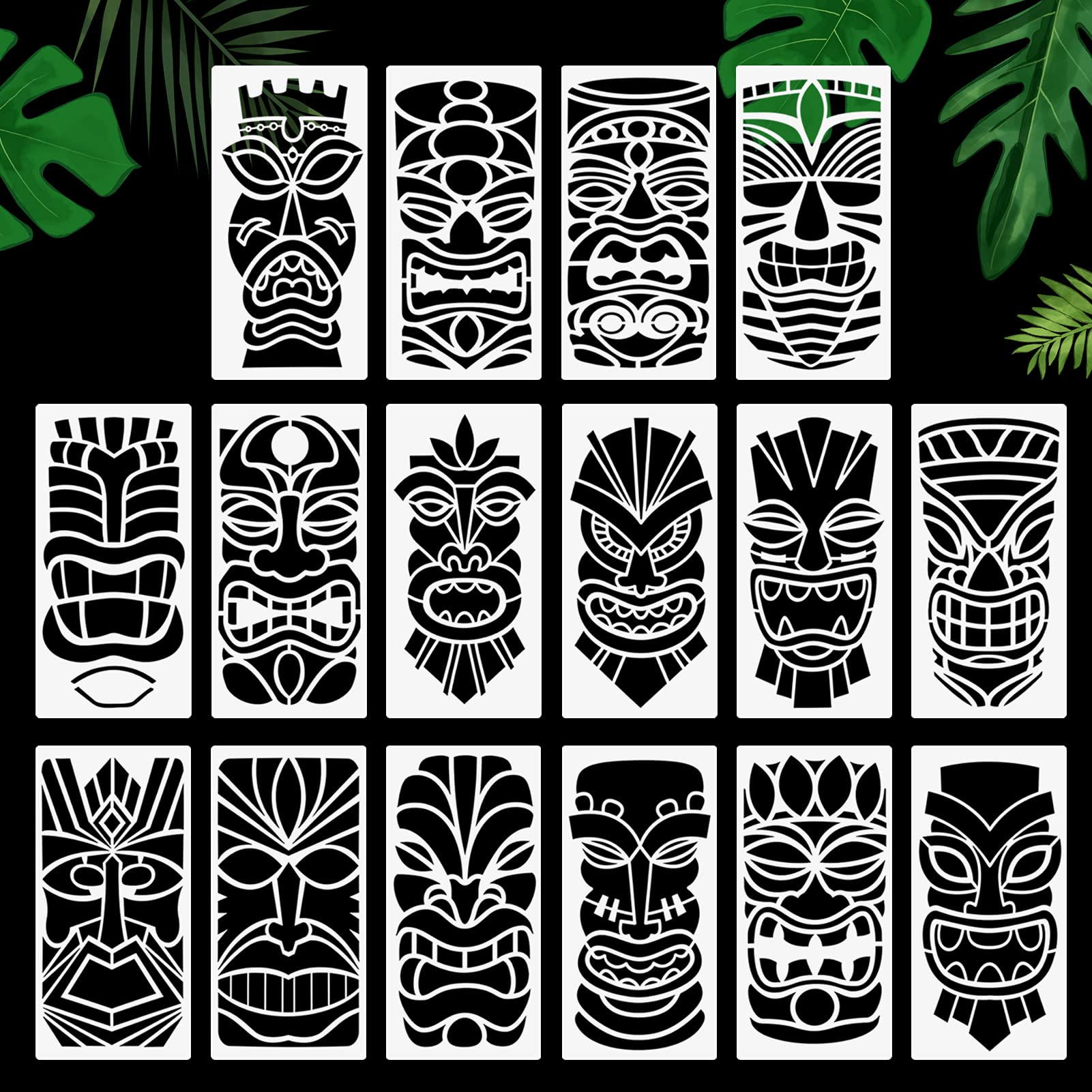 Tiki Tribe Stencils, 16 Pcs Tiki Totems Face with Open Mouth Stencils Reusable