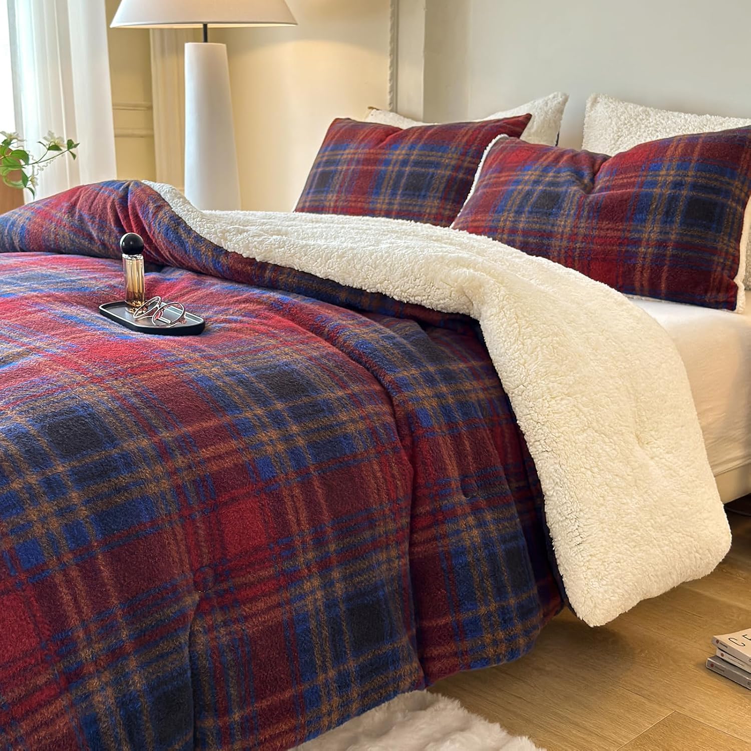 Cyusri Plaid Sherpa Comforter Set 3Pcs Fluffy Warm Fleece Down Alternative, Red Blue Grid Pattern Bedding Set with 2 Pillowcases, Queen Size 90"x90"