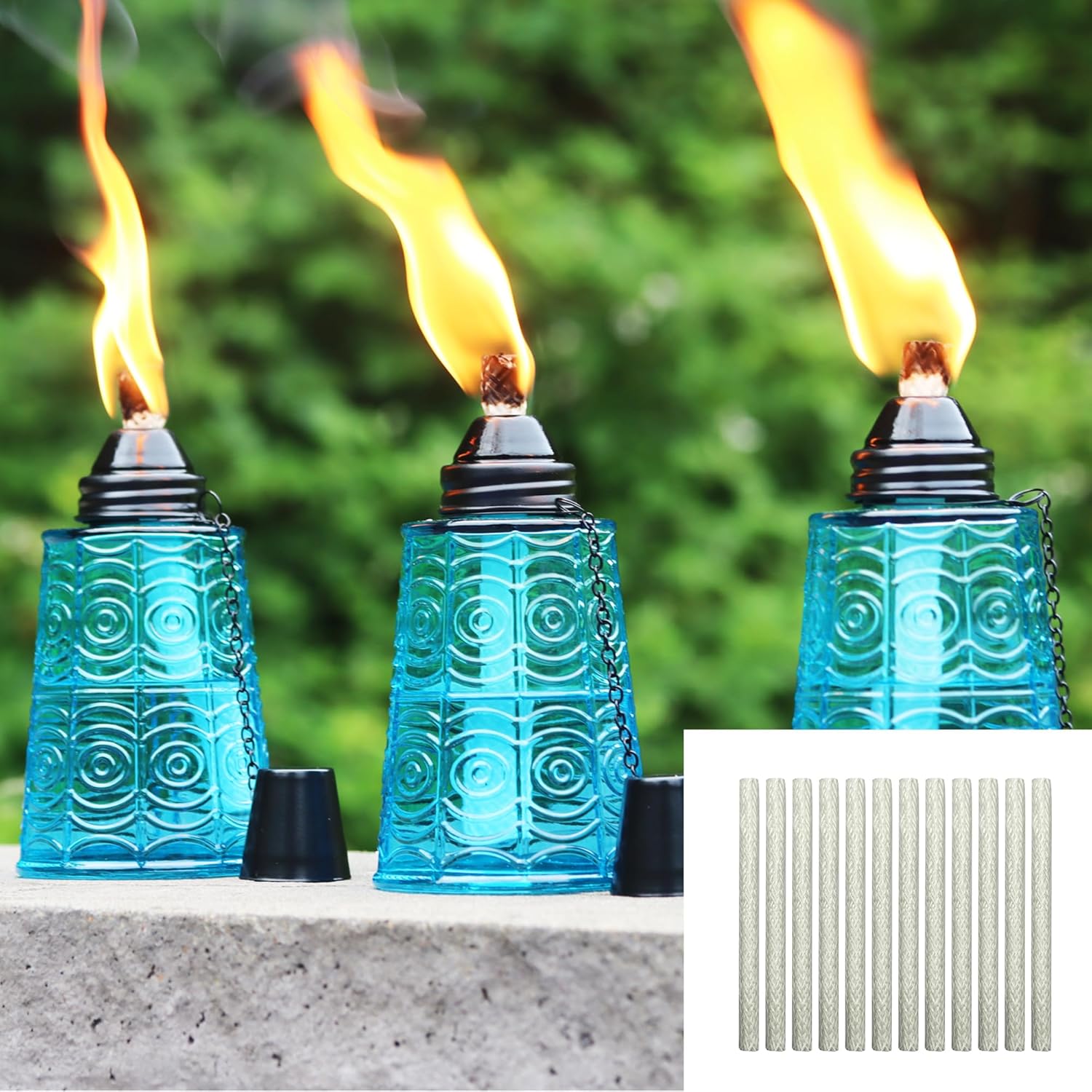 Seraphic Torches for Outside - Citronella Oil Lamp Burner 16oz Glass Table Top Torch Candles for Patio, Garden, Deck, and Outdoor Parties, Set of 3 Plus 12 Wicks, Blue