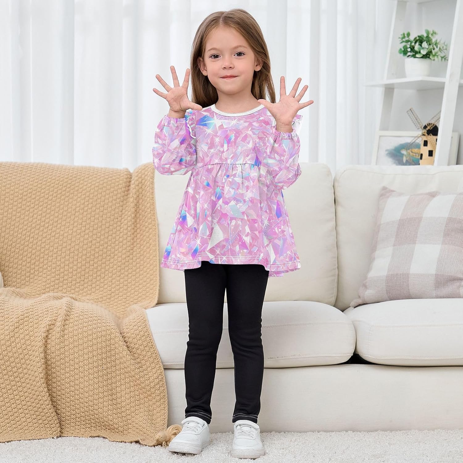 visesunny Toddler Clothes for Girls Pink Crystal Pattern Long Sleeve Fall Shirts Cotton Top with Ruffle Collar
