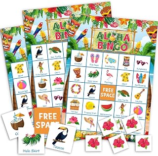 35Pcs Luau Party Bingo Game 24 Players Summer Hawaiian Aloha Bingo Cards for Adults Family Classroom Activities Tropical Birthday Party Favors