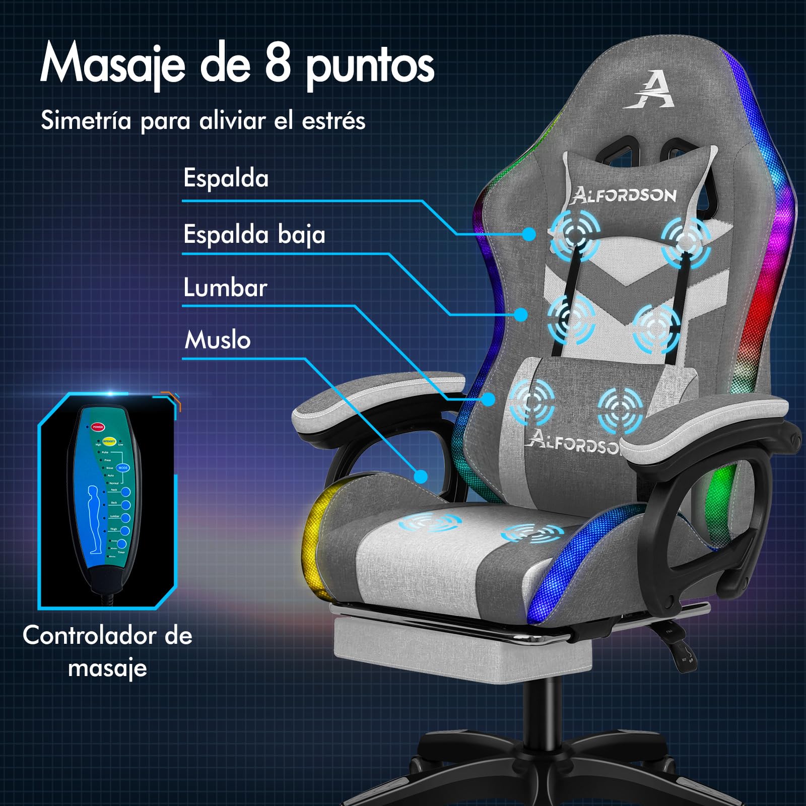 ALFORDSON Silla Gaming con Masaje y LED, Silla Gamer Ergonómica con Cojín Lumbar y Cervical, Reposapiés Telescópico, Iluminación para Ordenador, Videojuego, Juegos, Oficina, Lino(Gris con Splicing)