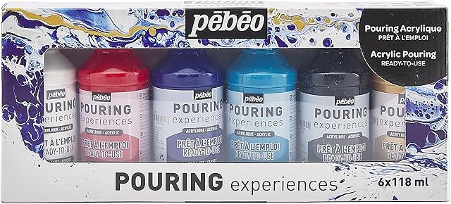 Pebeo Pouring Medium, Acrylic, White, Red, Blue, Turquoise, Black, Gold, 118 ml (Pack of 6)