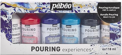 Pébéo Acrylic Pouring Paint Starter Kit - Art and Painting Supplies, Ready-To-Pour Fluid Medium, 118 Milliliter Bottles, Set of 6 Assorted Colors