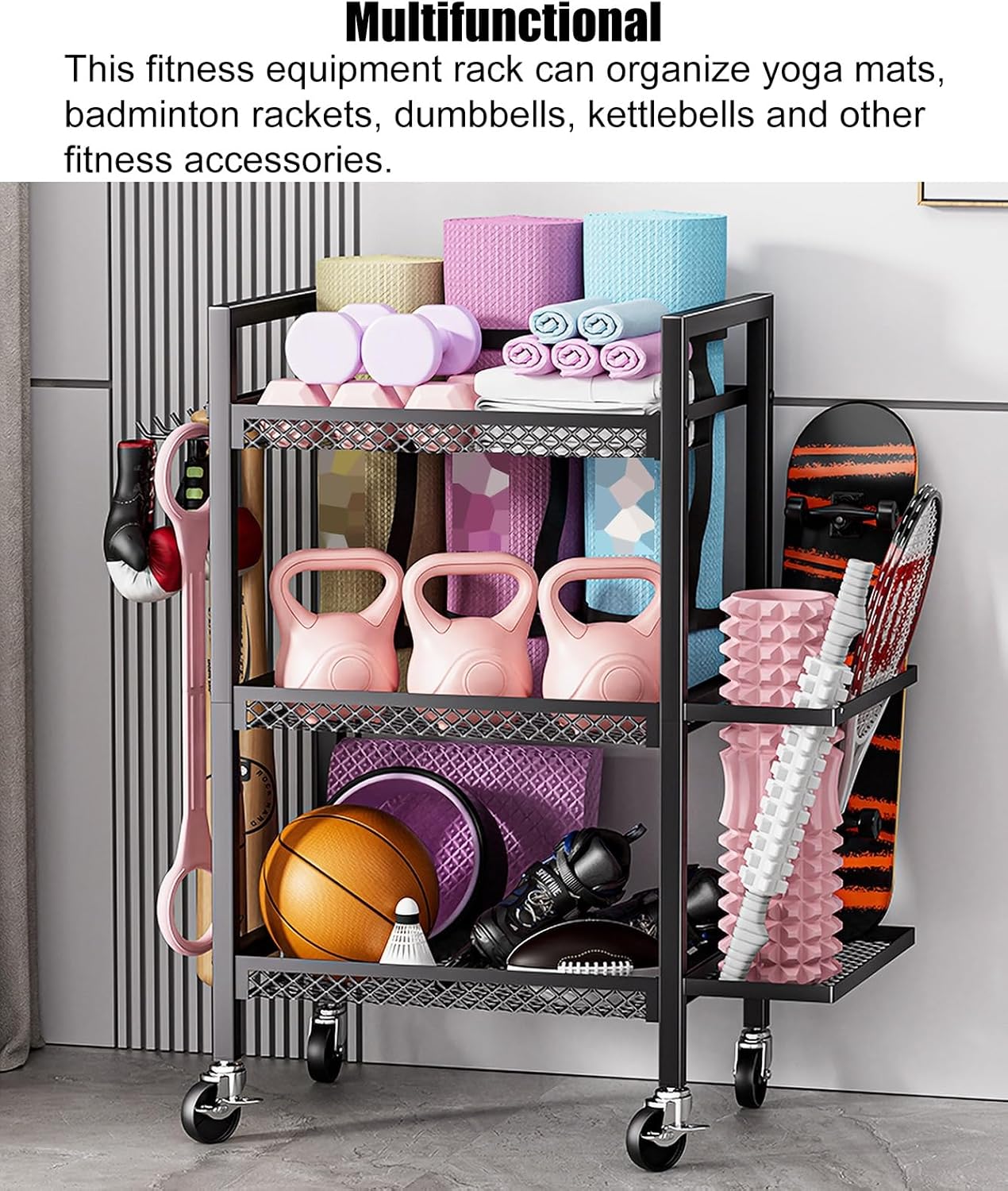 Commercial Yoga Mat Rack Floor, Exercise Equipment Storage Stand/Fitness Weight Cart on Wheels for Dumbbells/Yoga Block, Large Capacity Gym Mat Organizer Holder(Brown,Basic