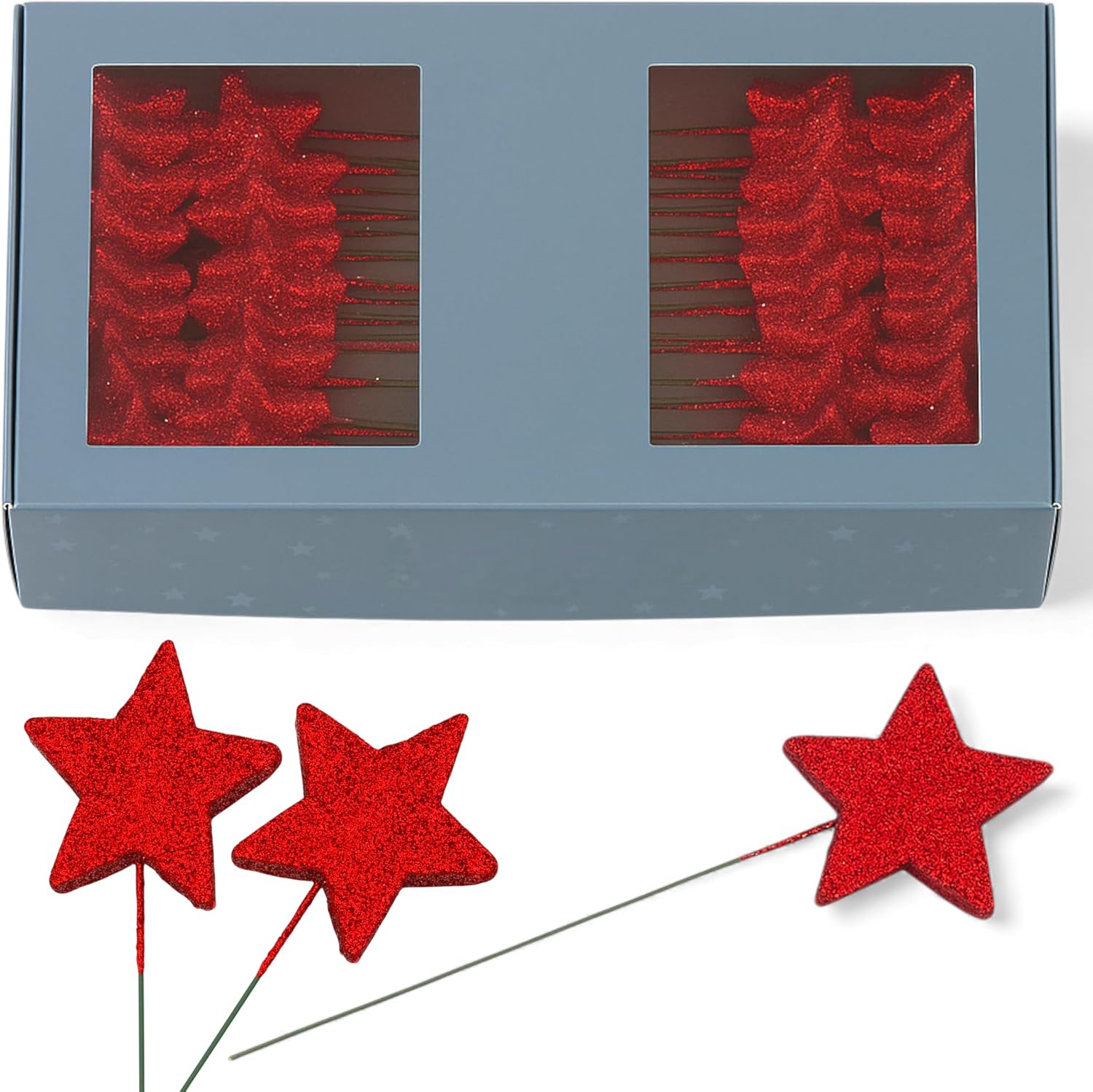 MIJOMA 60 Glitter Stars with Wire 40 mm for Inserting Christmas Decoration Advent Arrangements Craft Material Decoration Wire Stars Plastic Metal Wire Winter Table Decoration DIY (Red)