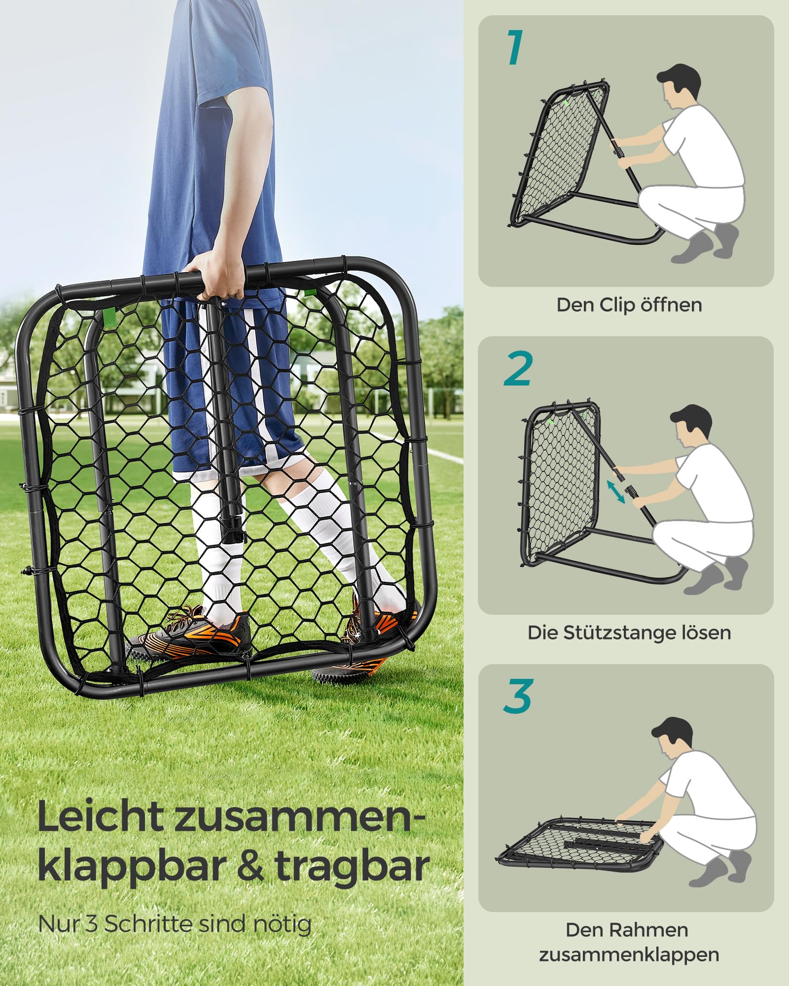 SONGMICS Rebounder für Fußball, Fußballtor Kinder, tragbar, Fußball-Rebounder, mit Stahlrahmen, winkelverstellbar, schneller Aufbau, für Garten, Park, Strand