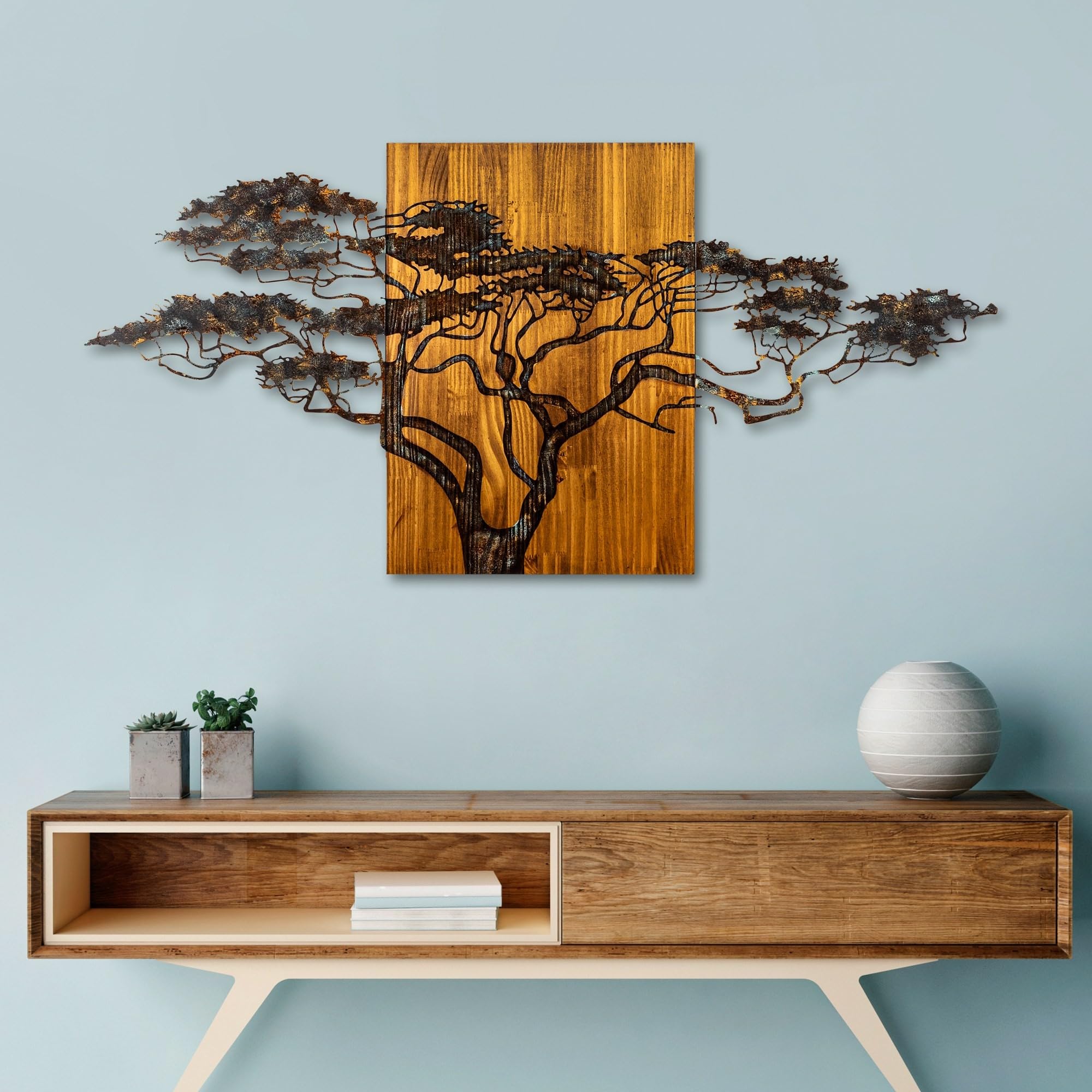 Wallity Accesorios de pared de madera pintados a mano, 144 x 70 x 3 cm, 100% madera maciza (3 cm) y metal (1,5 mm), diseño único con variaciones naturales