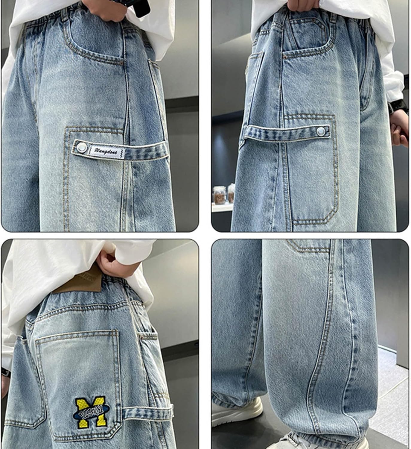 Boys Casual Denim Pants with Letter Print Loose Fit Straight Leg Trousers for Teen Kids Youth Comfortable Daily Wear