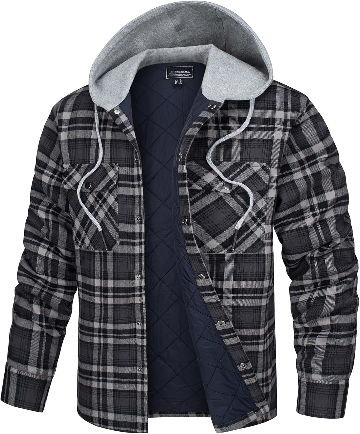 TACVASEN Men's Flannel Jacket with Hood Quilted Lined Plaid Shirts Jacket Cotton Long Sleeve Button Down Shirt Shacket