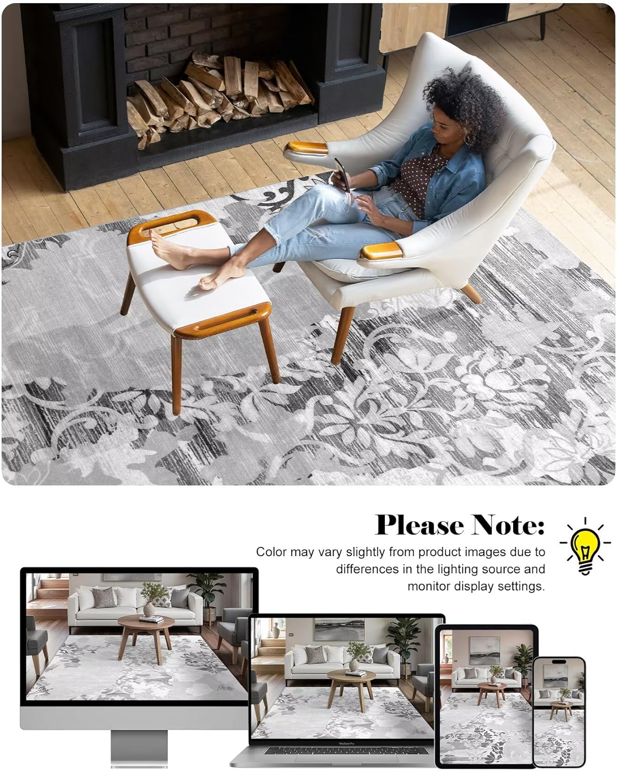 Macgace Washable Abstract Rug, 4x6 Classic Grey and White Floral Area Rugs with Non-Slip Rubber Backed for Bedroom, Low Pile Modern Throw Carpet Kitchen Living Room Decor