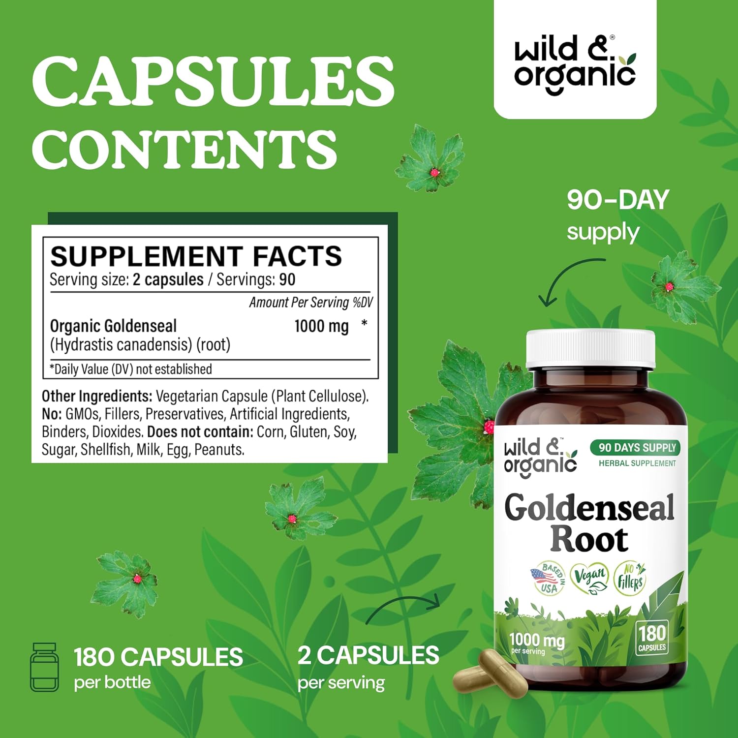 Wild & Organic Goldenseal Root Capsules 1000mg - Immune & Lung Support - 180 Goldenseal Powder Capsules - 90 Days Supply - Vegan, No Fillers, Non-GMO - Image 3