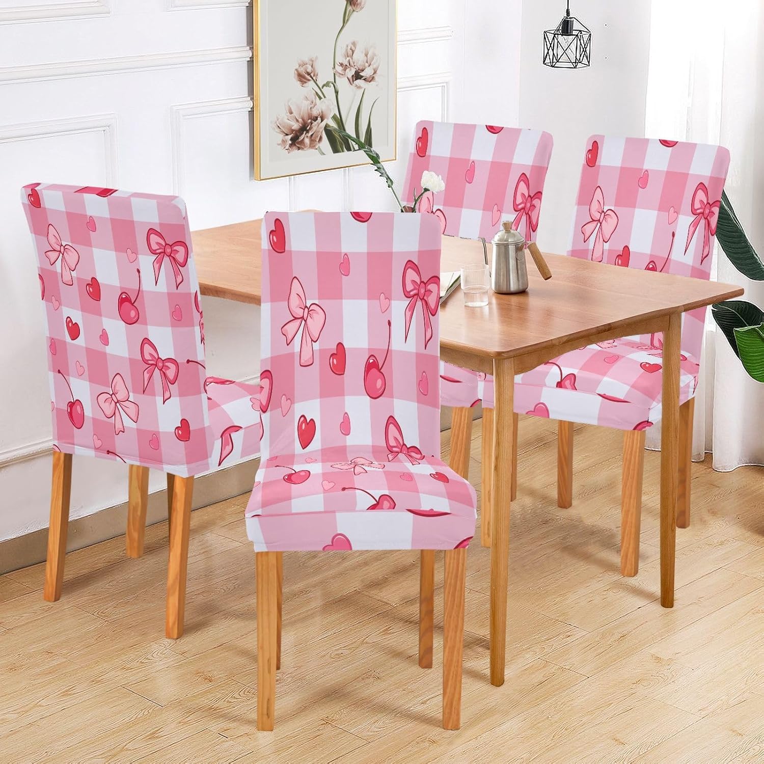 ALAZA Chair Covers for Dining Room, Pink Checkered Background Cherry Bow Pattern Stretch Chair Cover Sets Chair Protector Removable Washable for Ktichen Restaurant Hotel