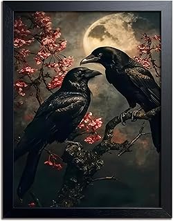 Black Wood Framed Halloween Canvas Wall Art Painting, Vintage Black Crow Cherry Blossom Wall Decor Picture, Dark Academia Gothic Poster Print Photo for Living Room Bedroom Office Decor 8x10 Inch