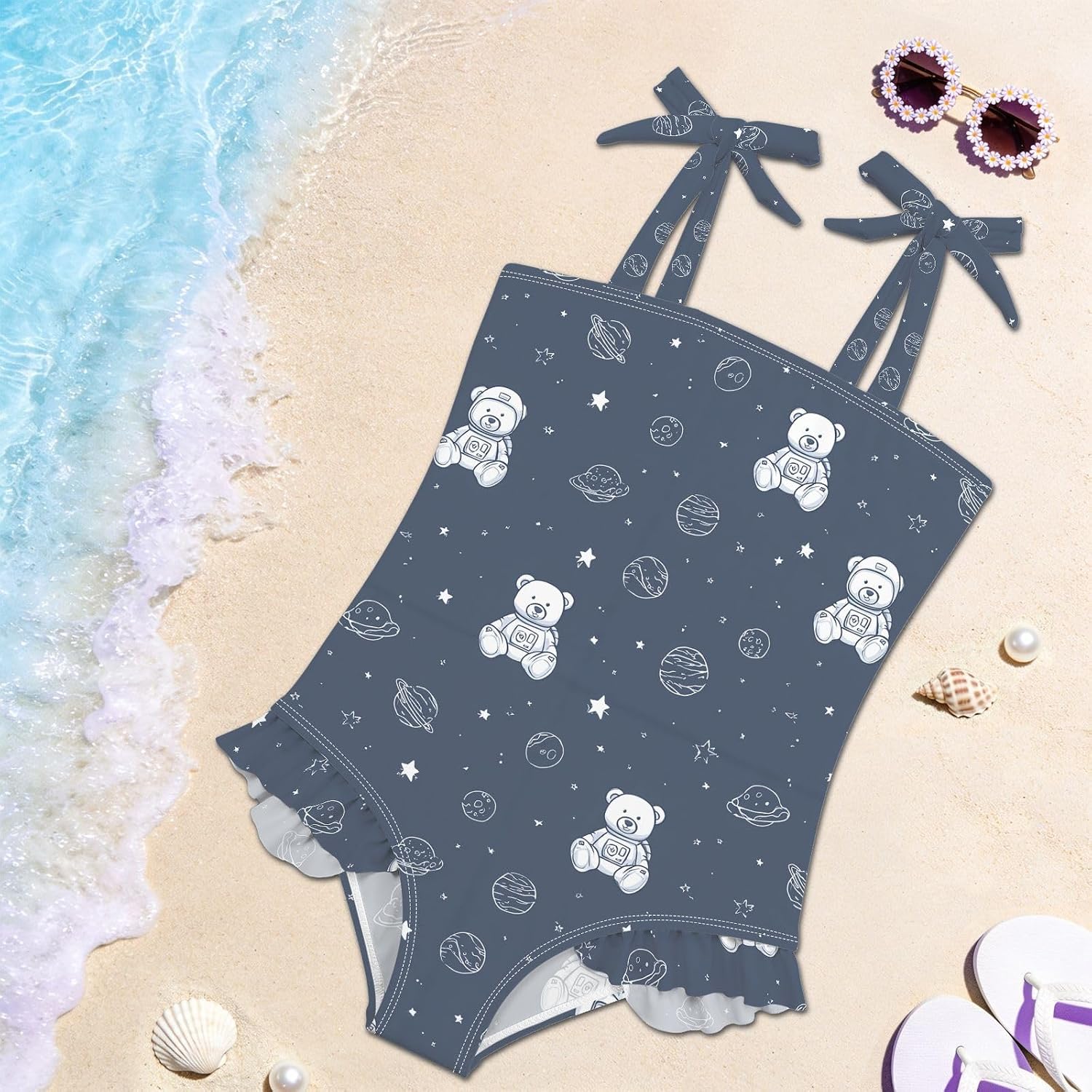 visesunny Toddler Girl Swimsuit Adjustable Strap Swimwear Childlike Bear Astronaut Bathing Suits for Girls 18M-6Y