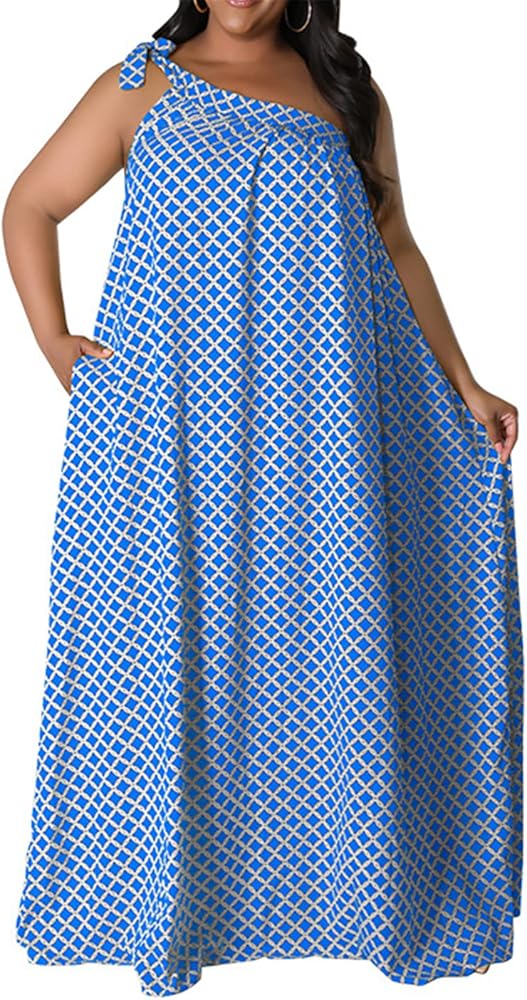 Womens Plus Size Sexy One Shoulder Plaid Printed Party Clubwear Oversize  Loose Casual Dress Blue at Amazon Women's Clothing store