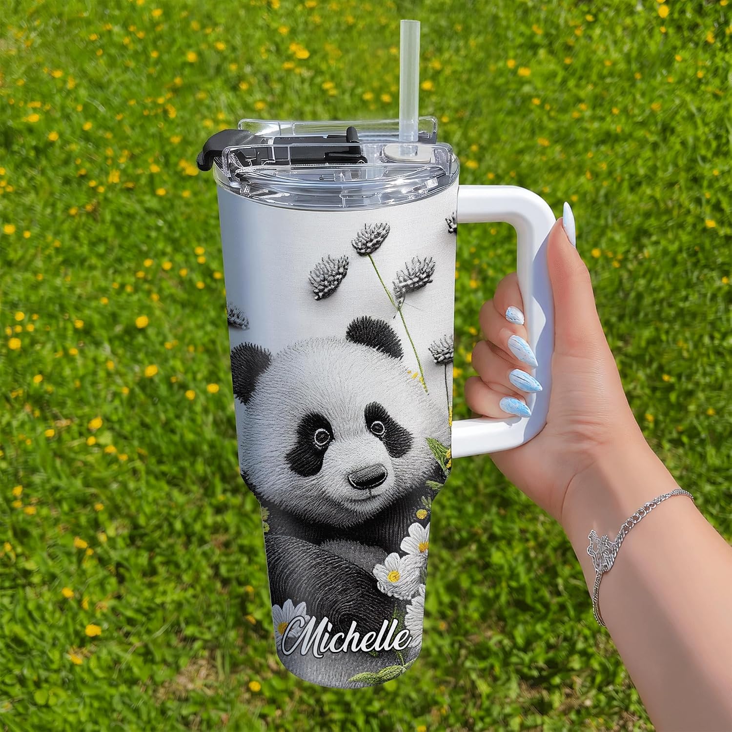 Hyturtle Personalized 2D Printed Panda 40oz Tumbler with Handle and Straw Gifts For Girls Women, Panda Lover Gifts on Birthday Christmas Custom Name Insulated Stainless Steel Travel Cup With Lid