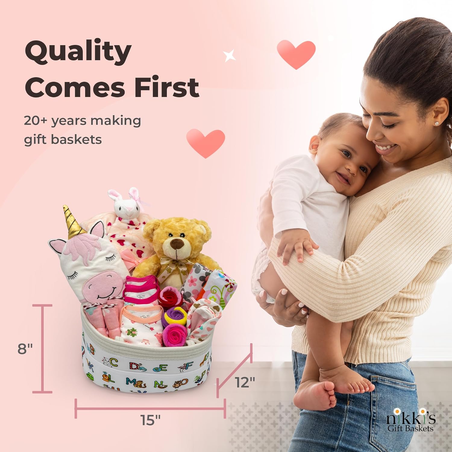 Joyful Arrival Deluxe Baby Girl Gift Basket | 20-Piece Newborn Baby Girl Gift Set | Baby Gift for Expecting Moms and Gender Reveals | New Baby Gift Basket | Baby Gift Set - Pink | Nikki's Gift Baskets