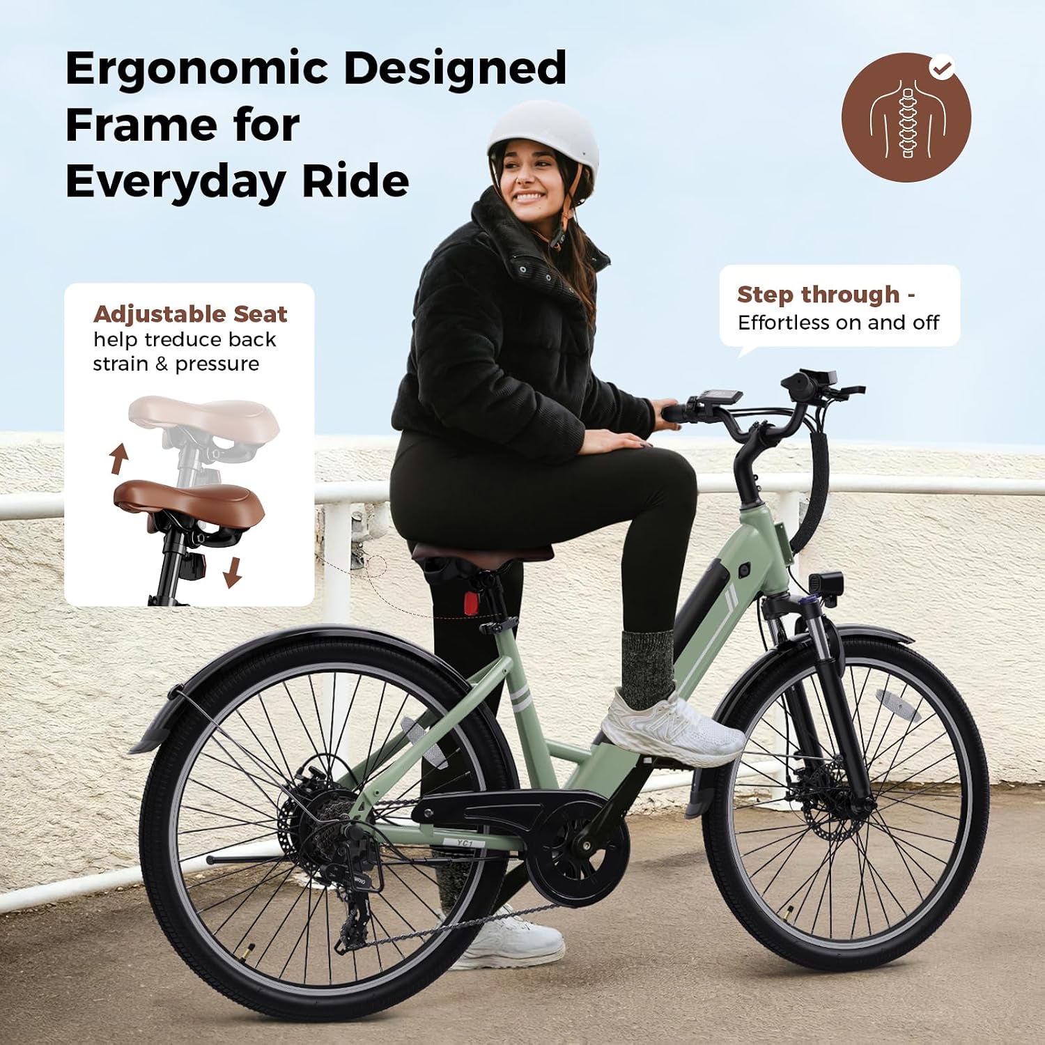 Jasion YC1 ST Electric Bike for Adults, 360WH Removable Battery, Range Up to 40Miles, 750W Peak Motor Ebike, Up to 23Mph, 26" E-Bike with 7 Speeds & Front Suspension for Commuting, Outdoor Leisure