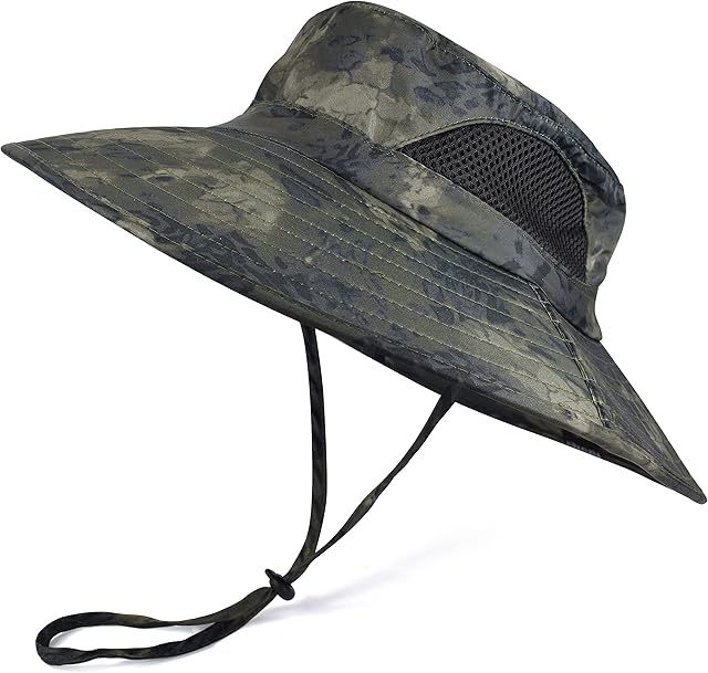 EINSKEY Wide Brim Sun Hat Summer UV Protection Beach Hat Showerproof Safari Boonie Hat Foldable Fishing Hat with Adjustable Chin Strap and Breathable Mesh Crown