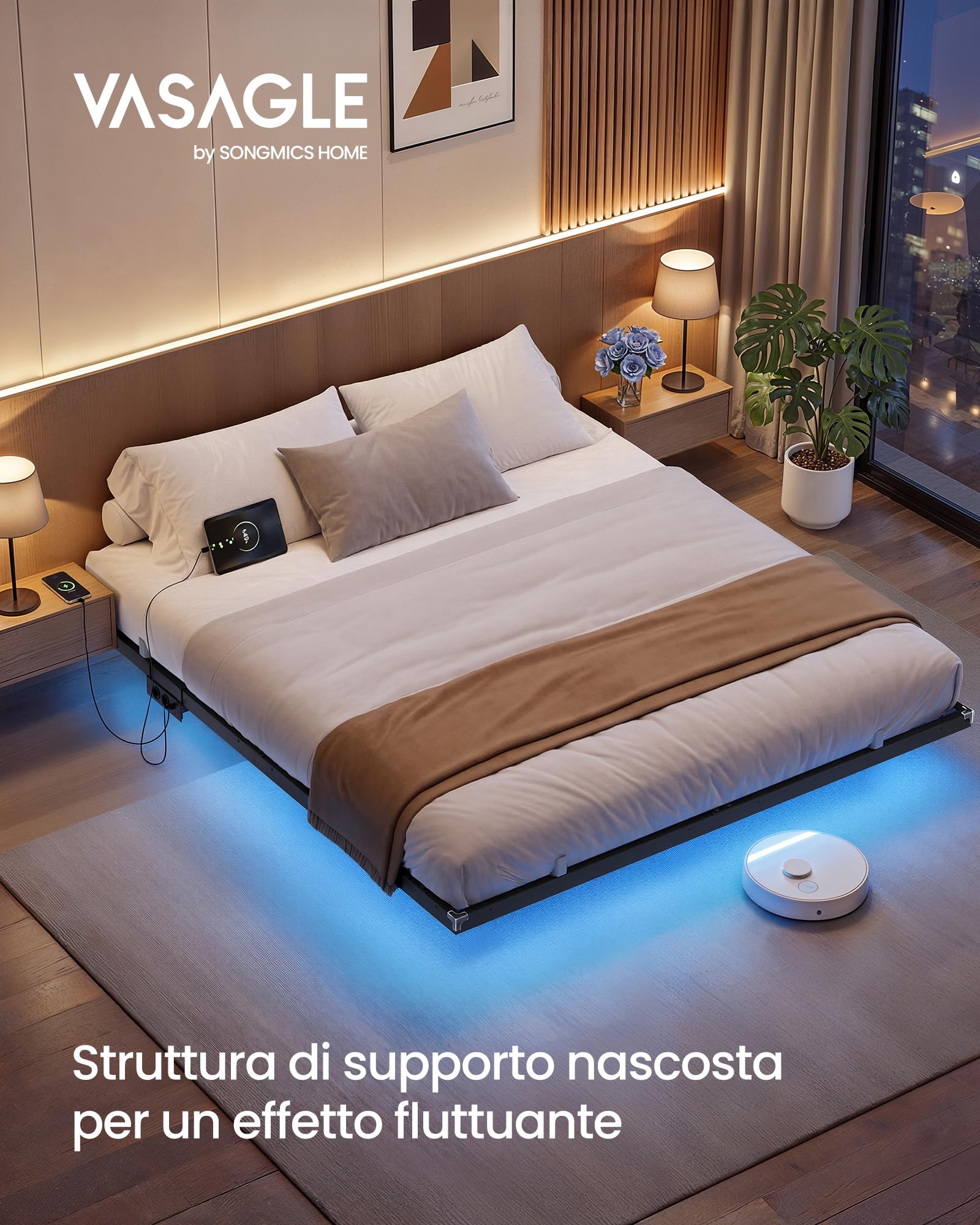 VASAGLE Struttura Letto 160 x 200 cm con LED, Effetto Fluttuante, Multipresa Rimovibile, 2 Prese AC, 1 Porta USB-C, 1 Porta USB-A, 1 Porta USB-A sul Retro, Portata 500 kg, Nero Inchiostro RMB175B101