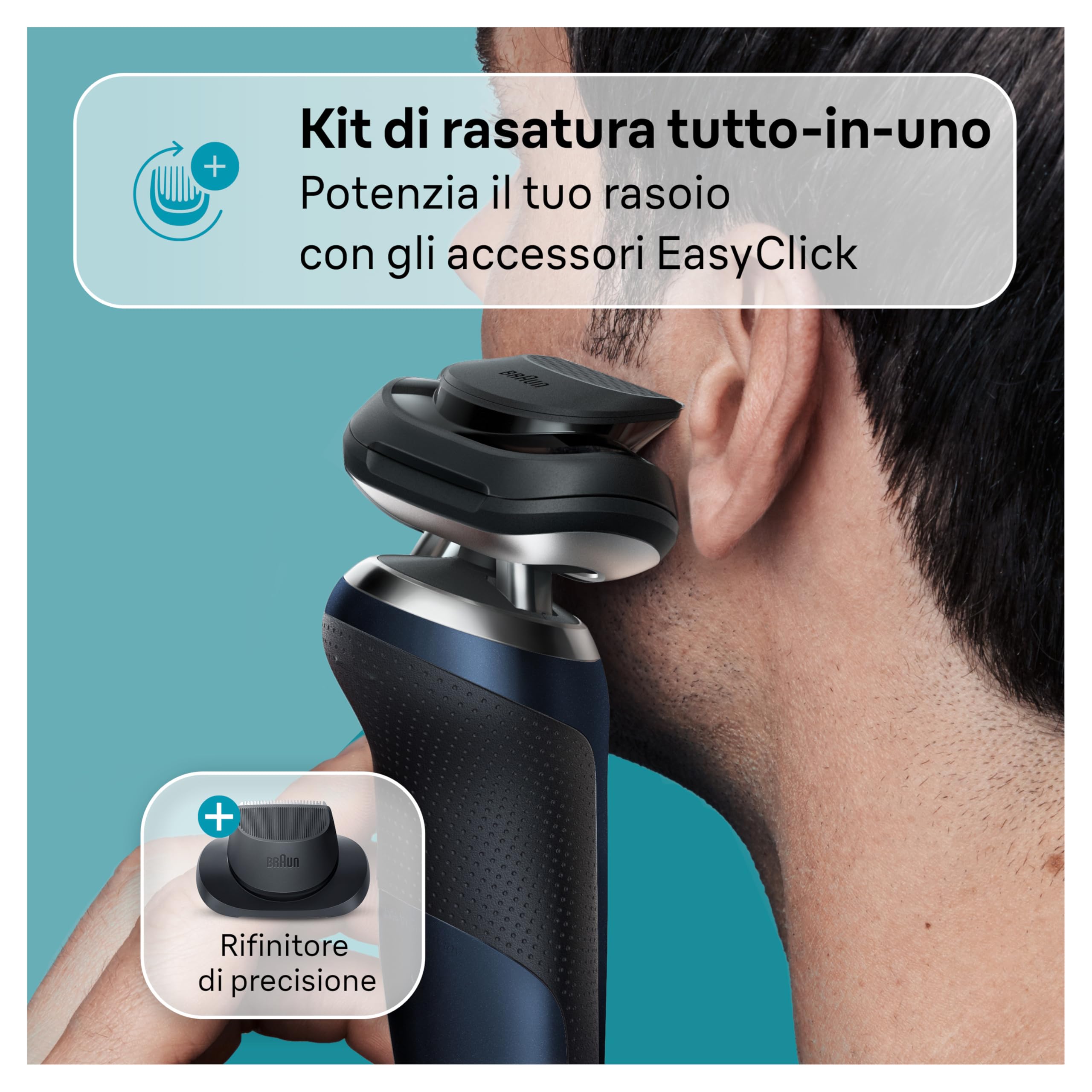 Braun Series 7 Regolabarba Uomo, Rasoio Elettrico Barba, Rifinitore di Precisione Easyclick, 360° Flex, Wet&Dry, Ricaricabile, Custodia da Viaggio, Senza Fili, Idea Regalo, 71-B1200s Blu