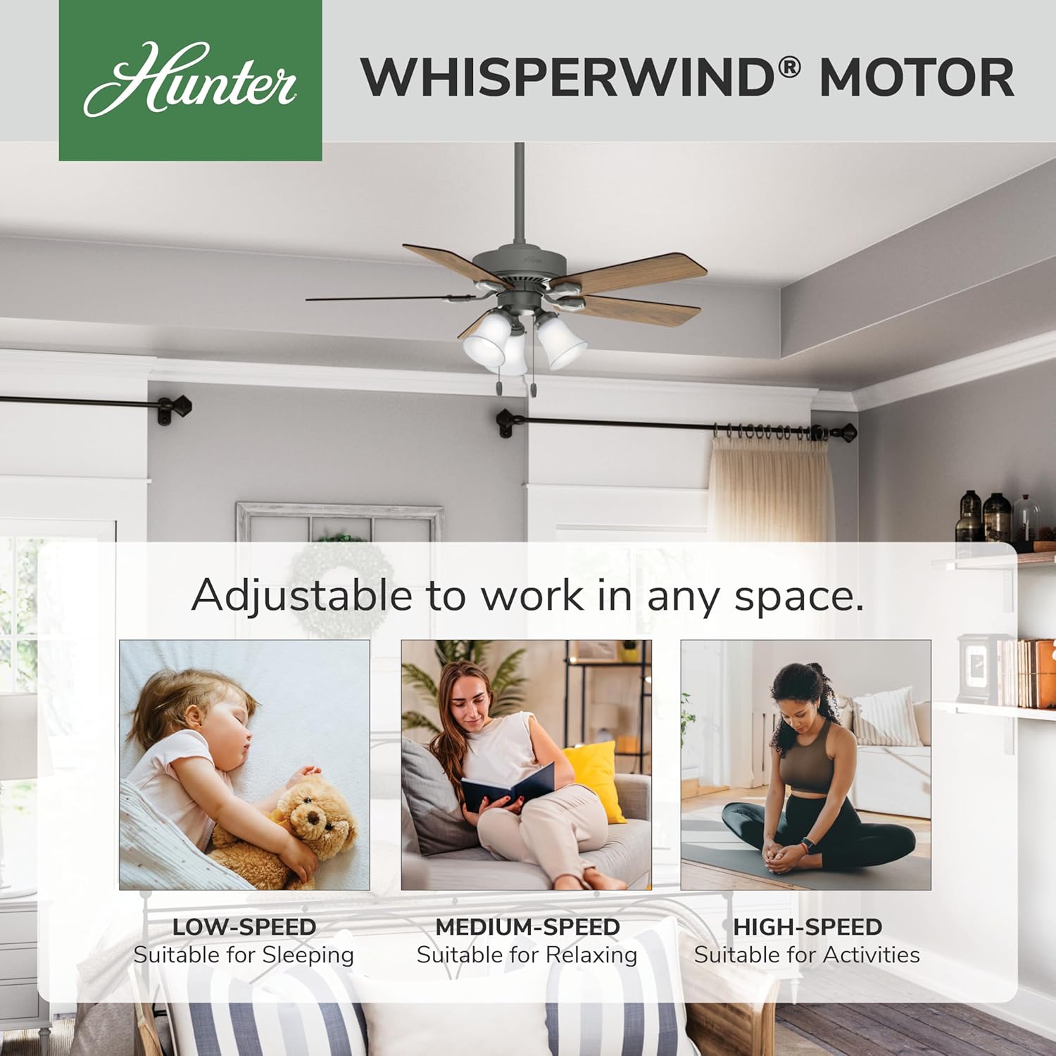 Hunter 44 inch Indoor Ceiling Fan with LED Lights - Ceiling Fan with Pull Chain, For Bedroom, Living Room, or Kitchen, Standard Mount, No Remote, 5 Blades - Swanson 50882, Matte Silver